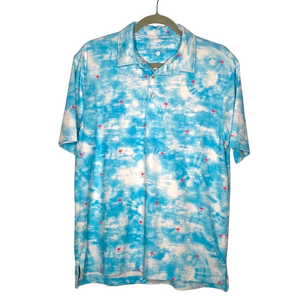 Chubbies Men's Blue & White Palm Tree Print Performance Polo Shirt size Small